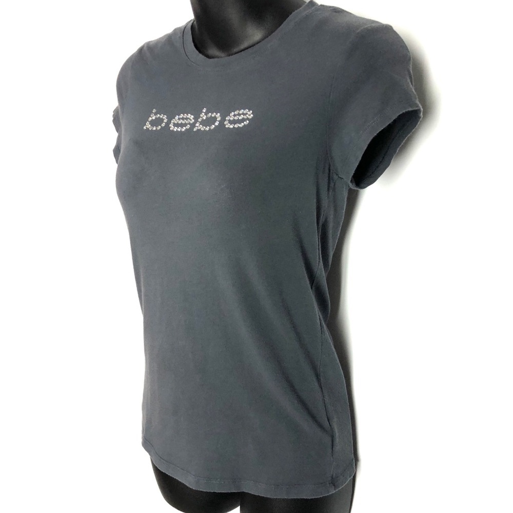 Bebe Gray Rhinestone Logo Tee Shirt Size Medium